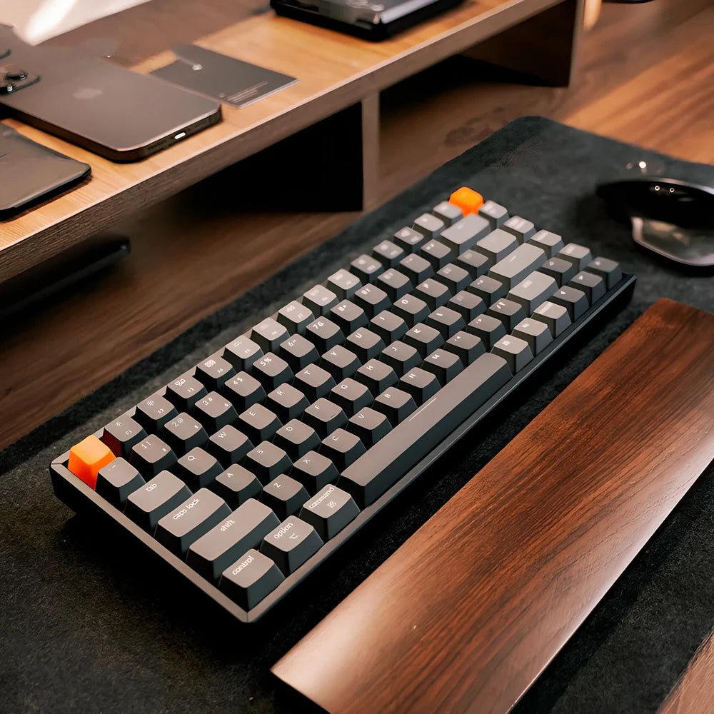 Grey 87-key mechanical keyboard with white backlight showing USB, Bluetooth and Type-C connectivity ports