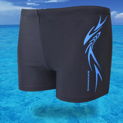 Men's boxer swimming trunks in dark blue and black, featuring quick-dry lining and stretch fabric