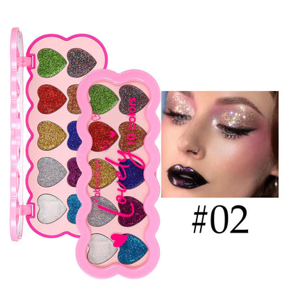 Pearlescent Heart Ten-colour Sequins Eye Shadow palette showing ten shimmery shades