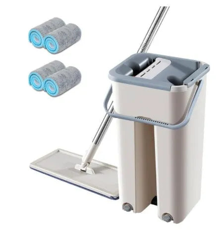 Blue wooden floor lazy mop with bucket, microfibre flat head, aluminium rod, and 360-degree rotation