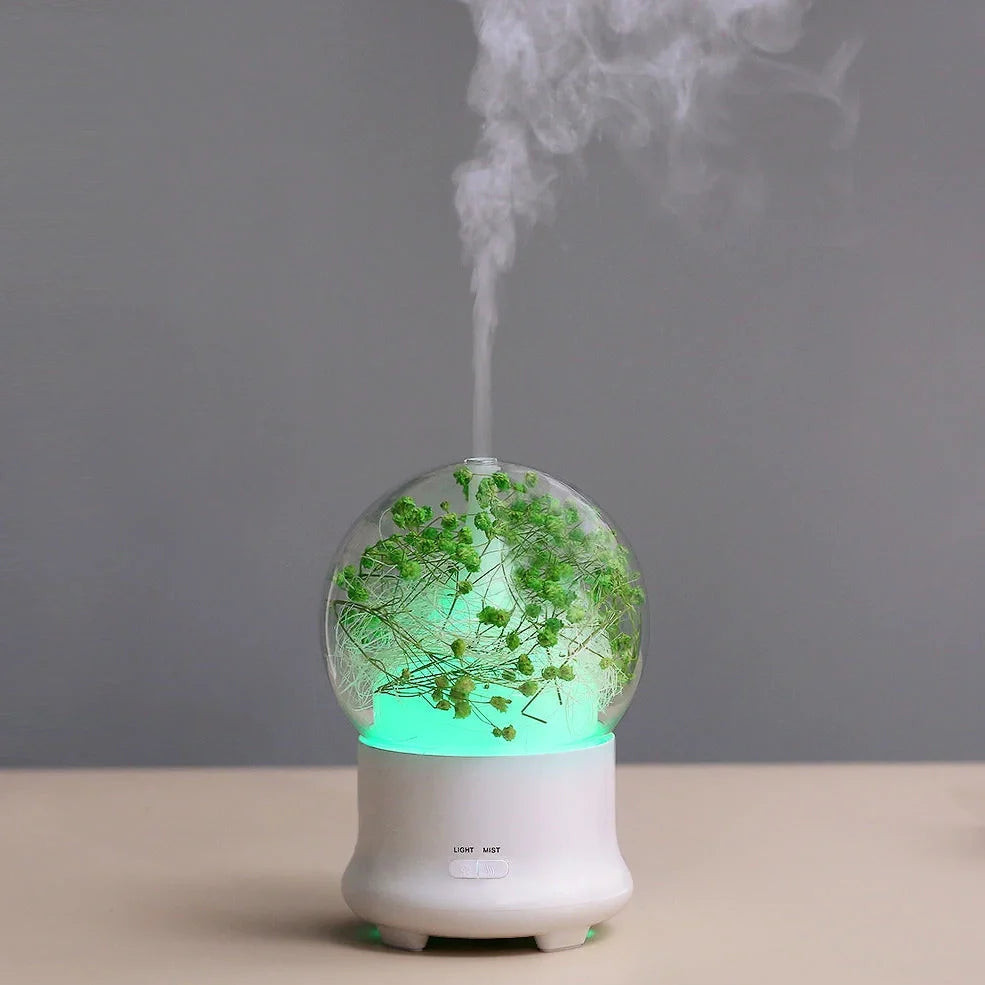 Blue hydrangea aromatherapy diffuser measuring 12x12x16.8cm with water reservoir and control buttons