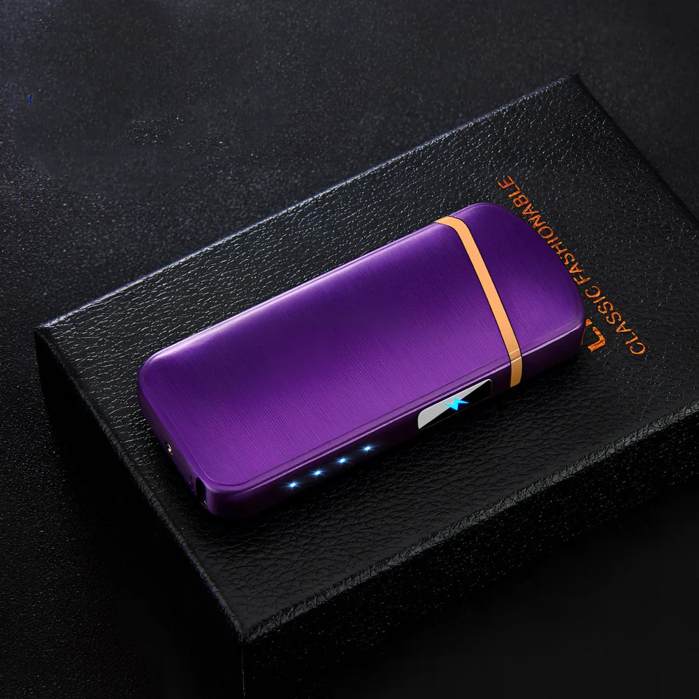 Zinc alloy charging lighter in black brushed finish, 80x35x13 mm with windproof arc and USB port