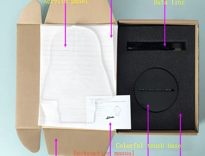 3D night light with touch controls and remote, seven colour options, acrylic construction with ABS base