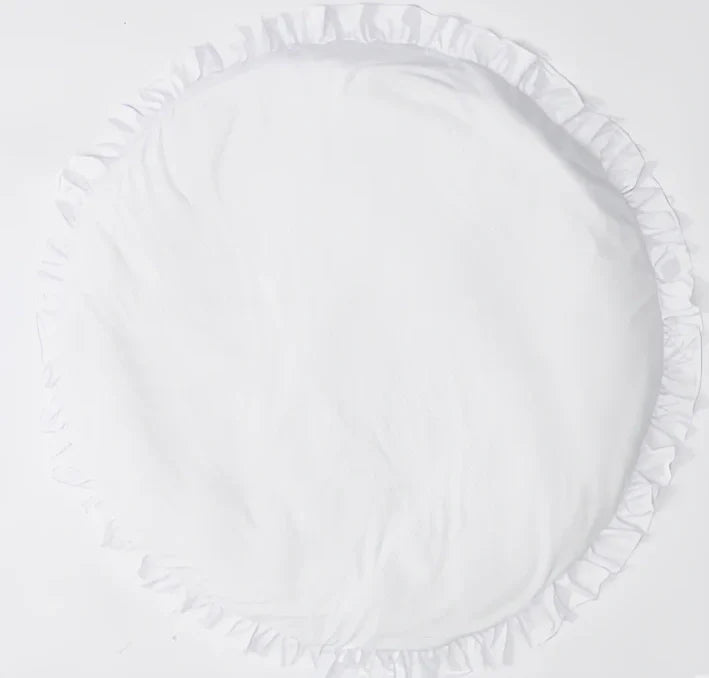 Circular baby play mat with lace border showing 2cm thickness measurement
