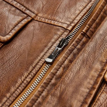 Men's PU leather jacket with velvet lining, available in khaki, black, and brown, sizes L to 5XL