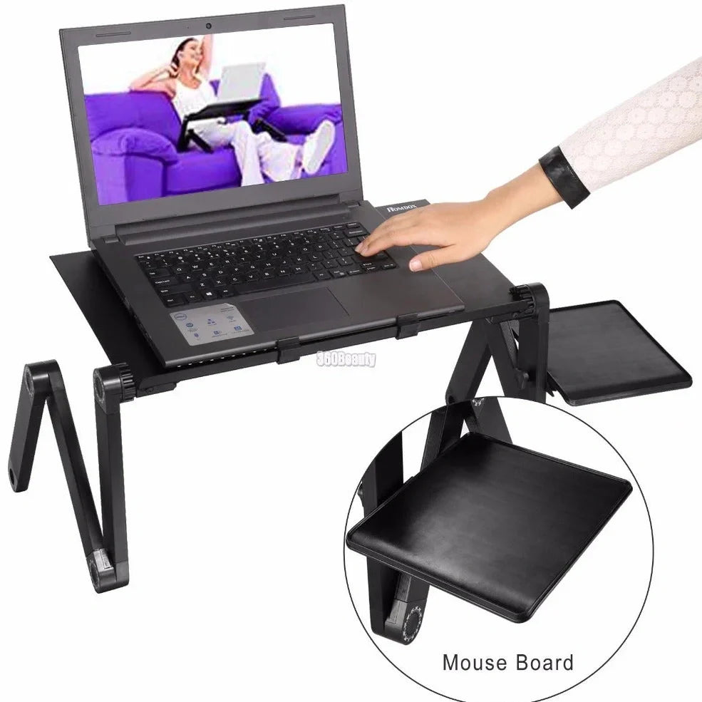 Black aluminium folding computer desk with adjustable legs and non-slip baffles for laptop stability
