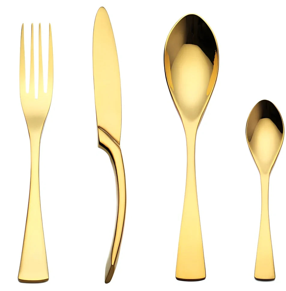 Four-piece black stainless steel cutlery set with mirror polishing showing fork, knife, coffee spoon, and soup spoon