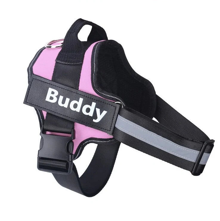 Personalised dog harness with reflective straps and adjustable chest fitting showing no-pull design