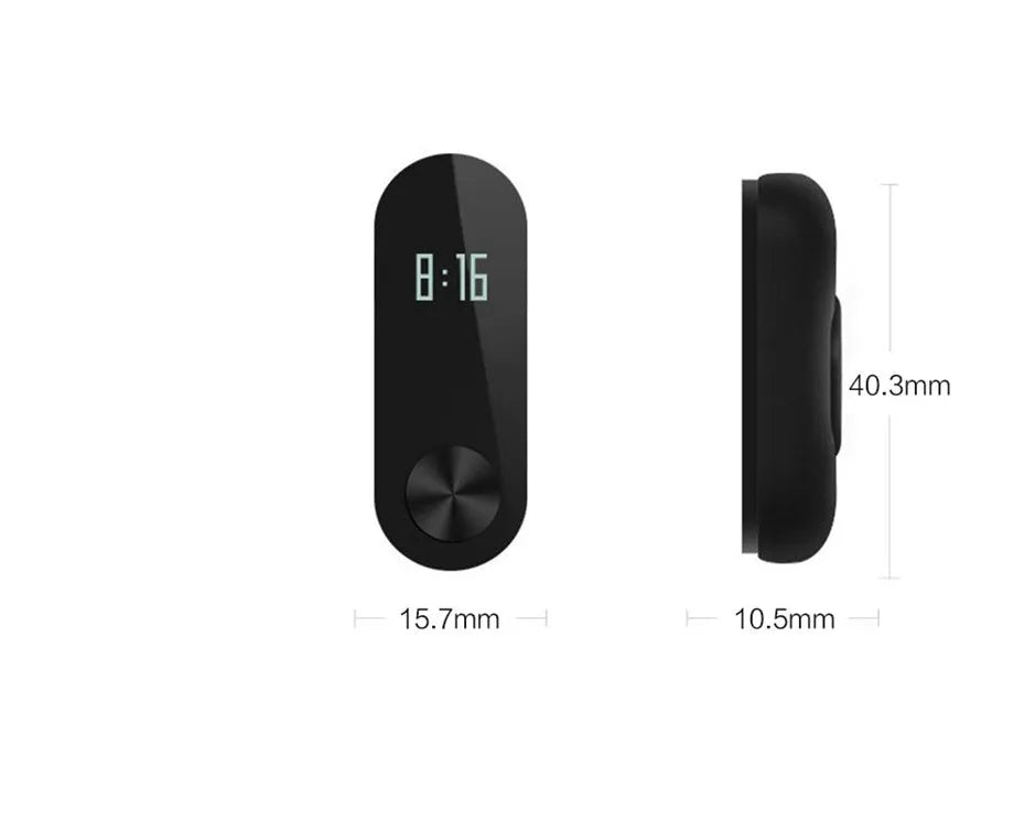 Xiaomi Mi Band 2 black fitness tracker with OLED display showing heart rate and time on adjustable wrist strap