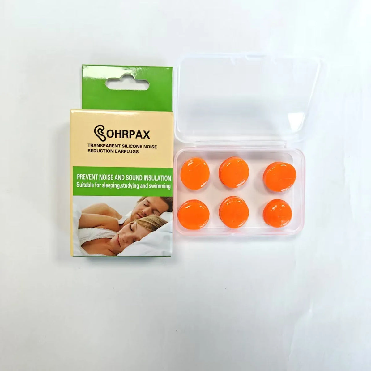 Silicone earplugs for sleeping and swimming, soft reusable ear plugs in blue, orange, pink or white, 3 pairs per box.