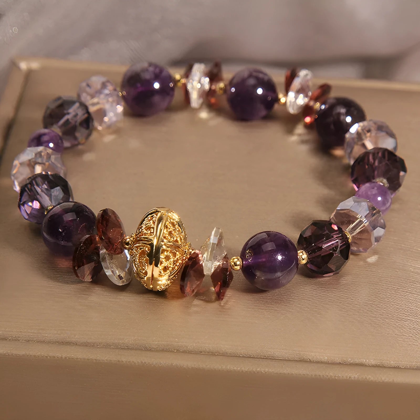 Purple crystal bracelet with wind chime pumpkin lucky beads and rhinestone details for women