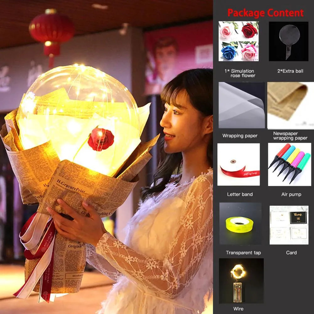 Transparent LED luminous balloon rose bouquet with artificial flowers and illuminated lights