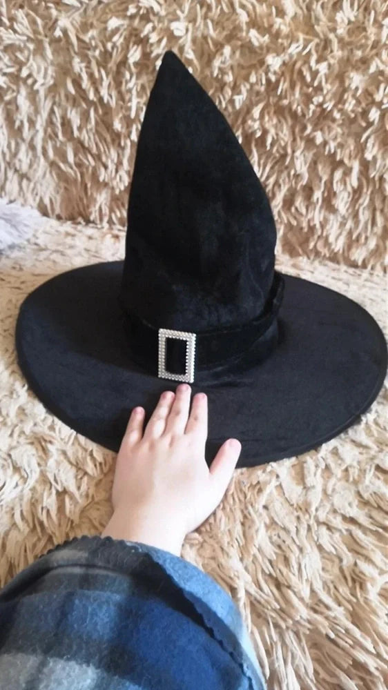 Halloween wizard hat in non-woven crepe fabric showing three style options: black, curved angle, and flocked orange