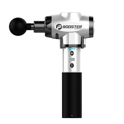 Black and white percussion massage gun with deep 12mm stroke on a gym towel.
