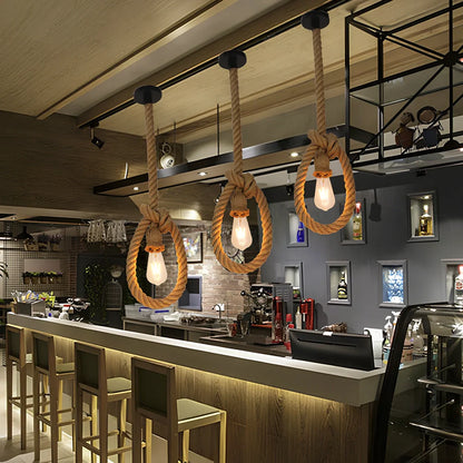 Industrial hemp rope chandelier with LED lighting and grass vine construction in retro design