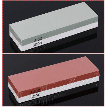 Green and white double-sided whetstone with bamboo base and sharpening accessories