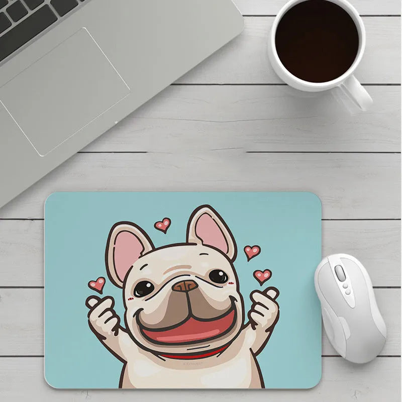 Customisable thick cartoon mouse pad with non-slip base, showing sample patterns like strawberry, cat, and whale designs.