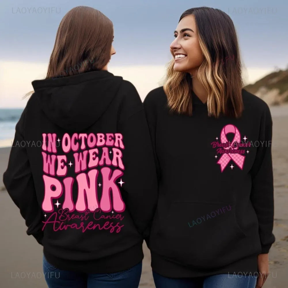 Breast cancer awareness hoodie with art retro graphic print and side seam pocket in pink colour