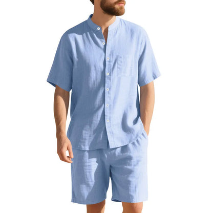 Men's light blue linen blend summer suit with short sleeve Henry collar jacket and matching shorts