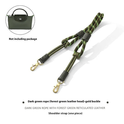 Braided rope shoulder strap with alloy hardware in silver or gold finish options