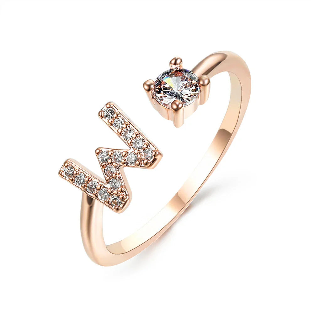 Personalized Initial Letter Adjustable Ring made of copper alloy and zircon, showcasing a vintage-inspired design