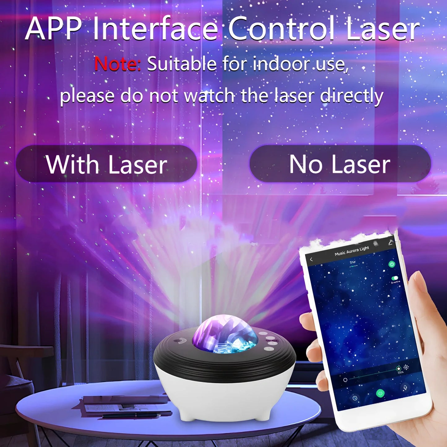 White Tuya smart northern lights projection light with 142mm diameter PVC lampshade and wireless remote control