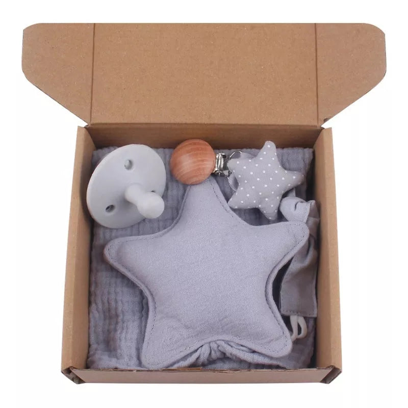 Natural cotton baby bath toy set with wooden rattle and comfort towel