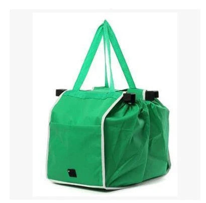 Foldable reusable grocery tote bag in green color, featuring durable construction, generous pockets, and a fold-flat design for easy storage