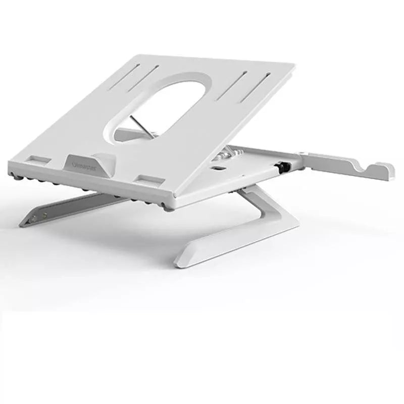 Adjustable aluminum alloy laptop stand with cooling feature and phone holders