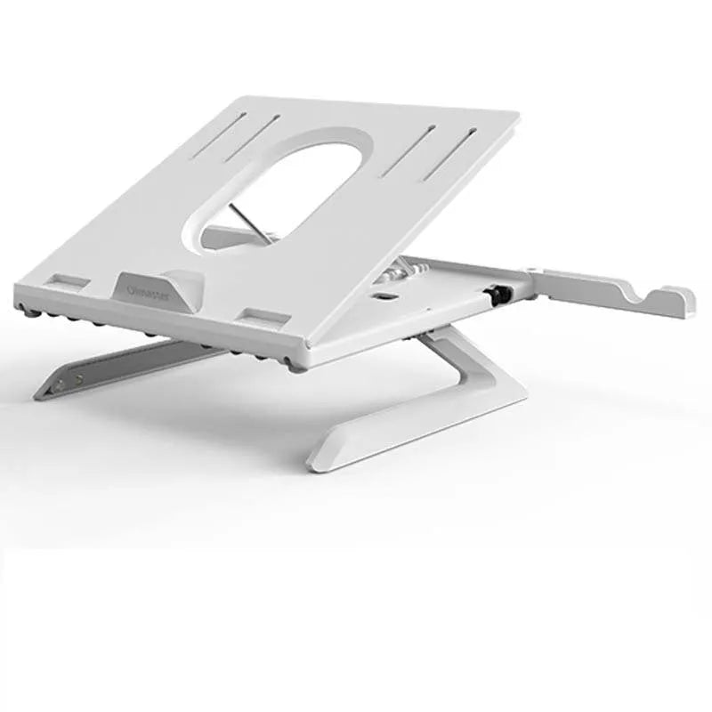 Foldable aluminium laptop stand in black or white, 280 x 280 x 25.5mm, with 9 adjustable angles and cooling slot.