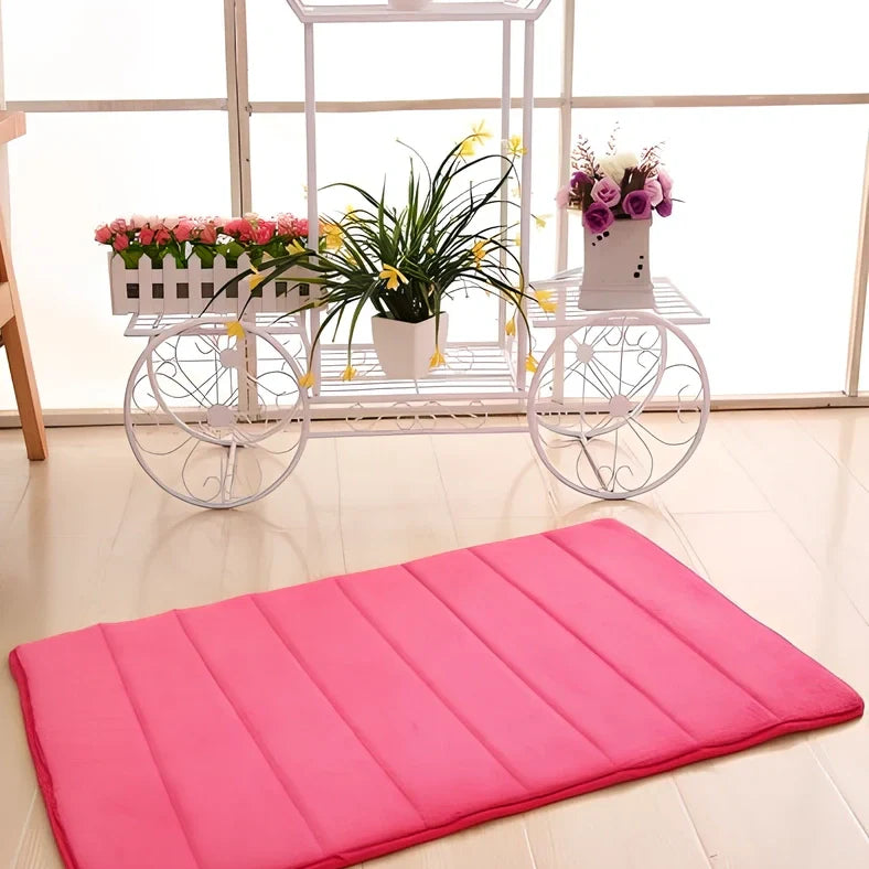 Memory foam bathroom carpet with coral fleece surface and non-slip latex backing in beige colour