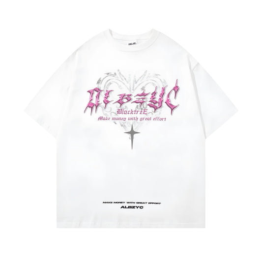 Men's loose fit cotton t-shirt with fashion print in white and black colours
