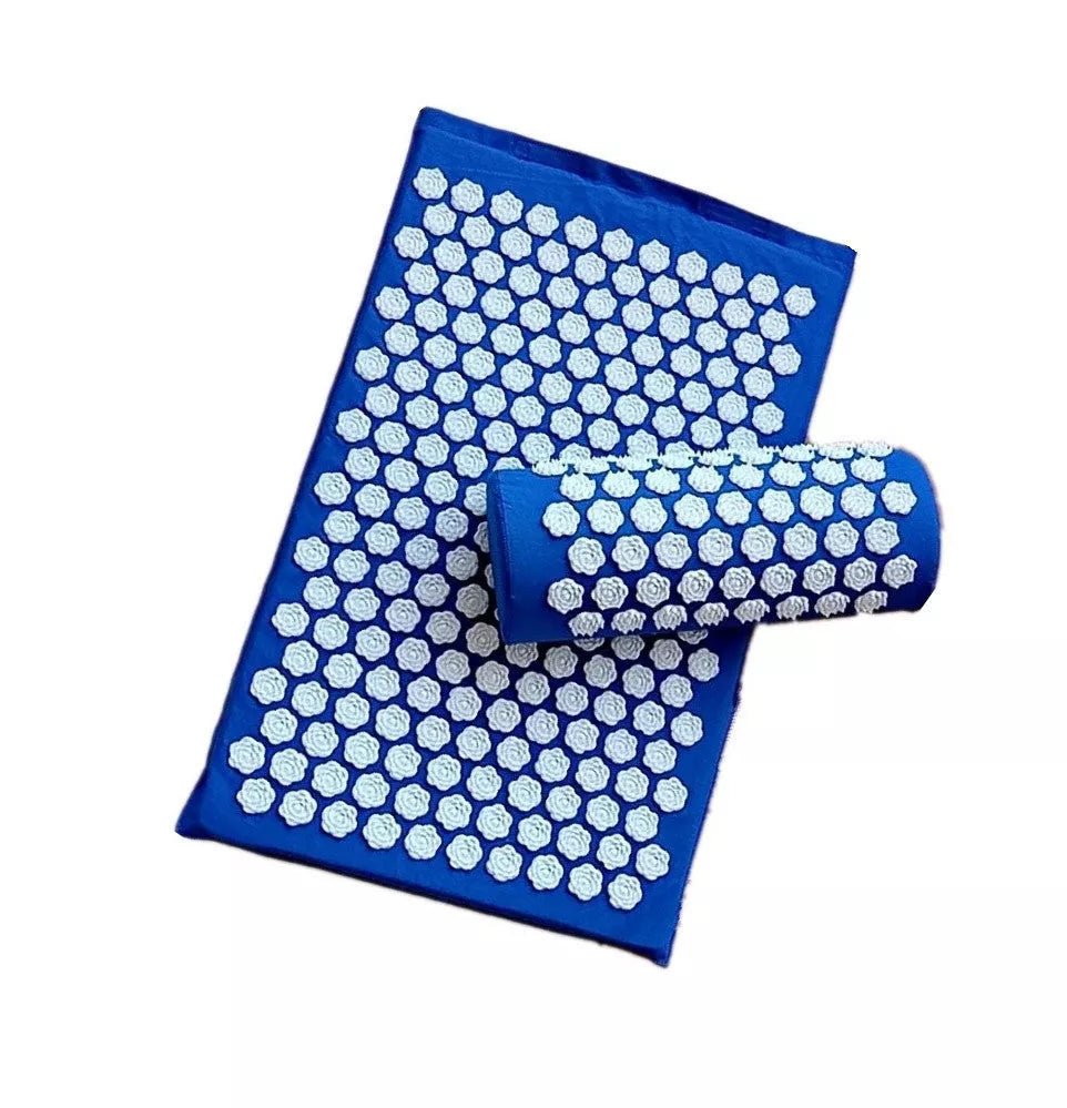 Acupuncture yoga cushion and pillow set with 210 pins for muscle relief, available in multiple colors.