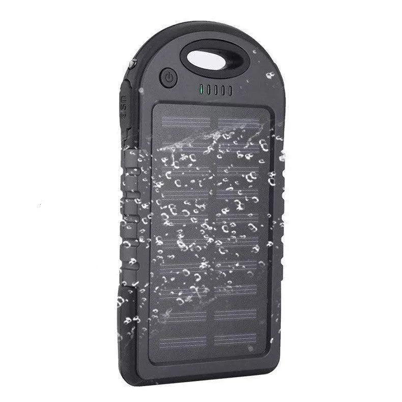 Portable solar charger with 4000mAh battery in black, compact and durable for outdoor use
