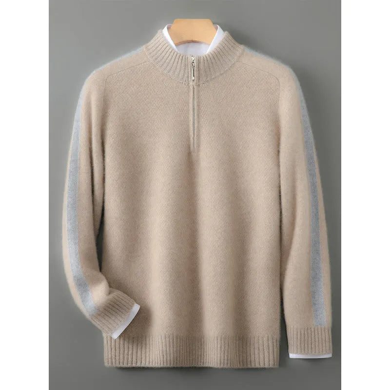 Sheep wool sweater with half-height zip, round neck, and slim fit in raw velvet camel colour