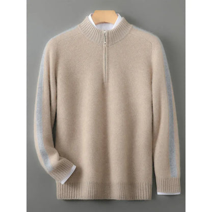 Sheep wool sweater with half-height zip, round neck, and slim fit in raw velvet camel colour