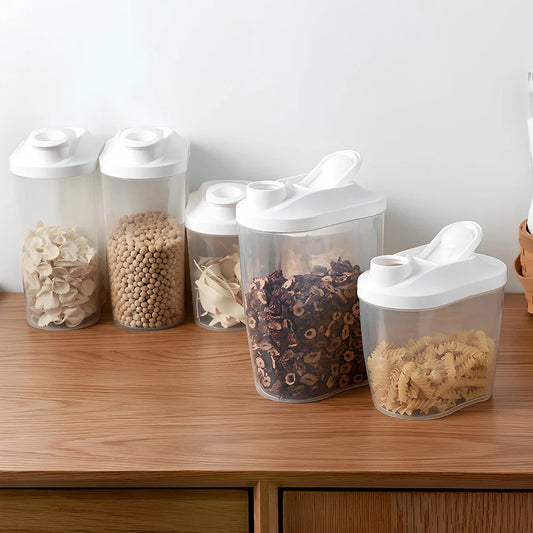 Clear plastic kitchen storage containers with airtight lids for beans and grains
