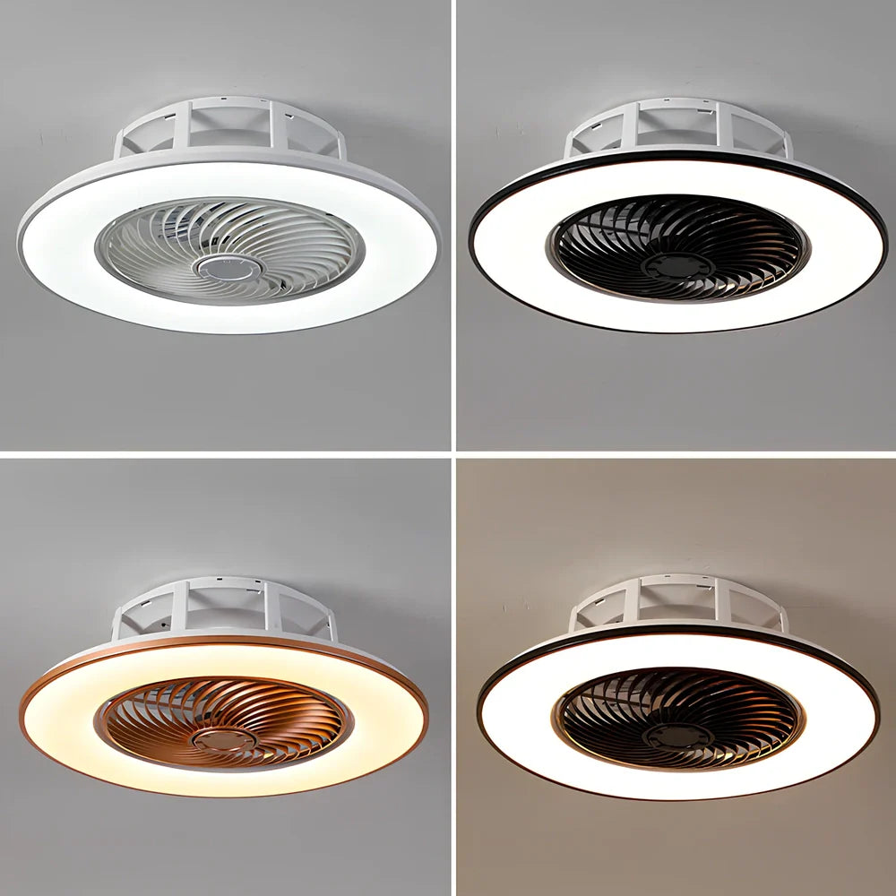 Smart ceiling fan light with invisible blades and LED lighting in white finish