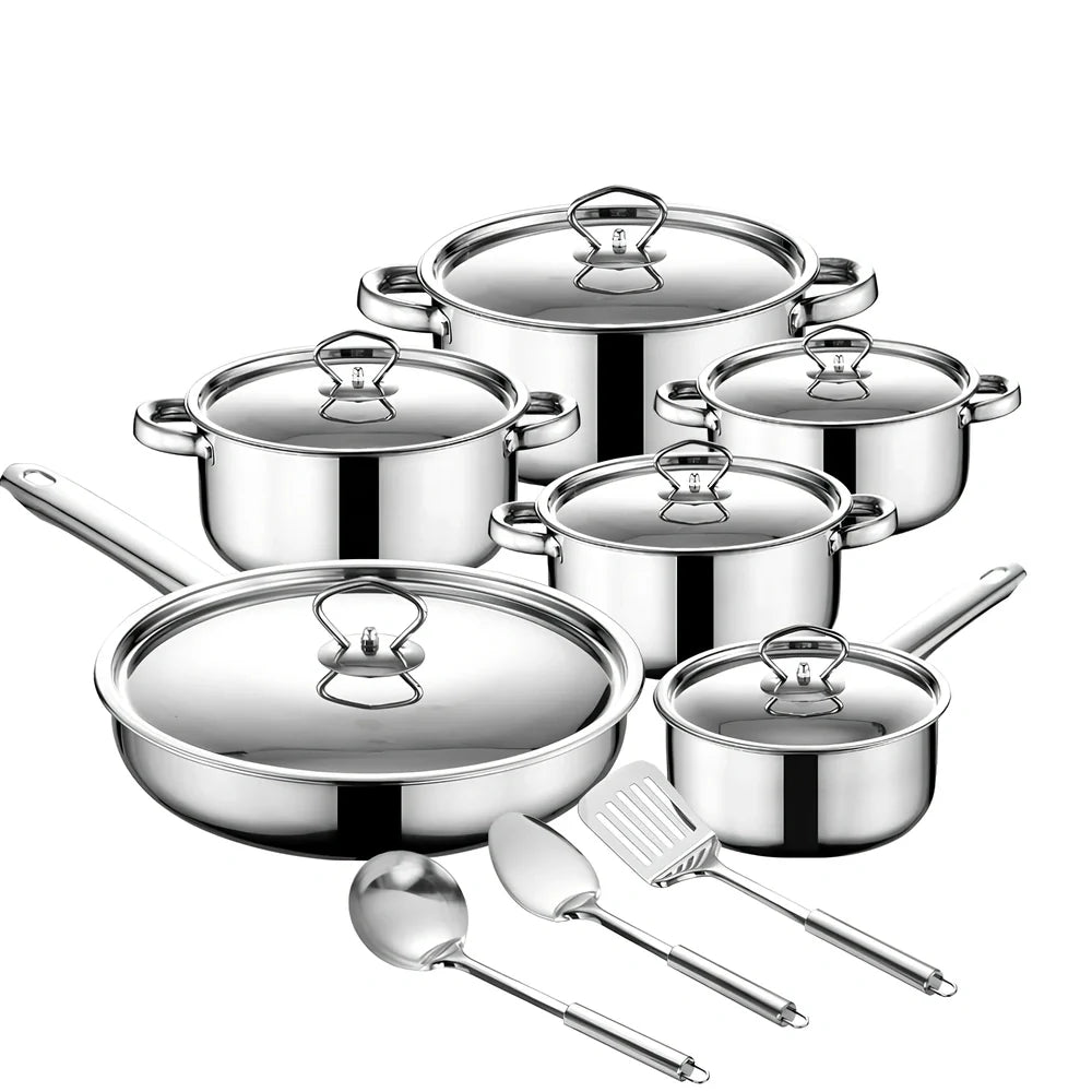Stainless steel cookware set with 12 pots, glass lids, and utensils in compact 45cm storage package