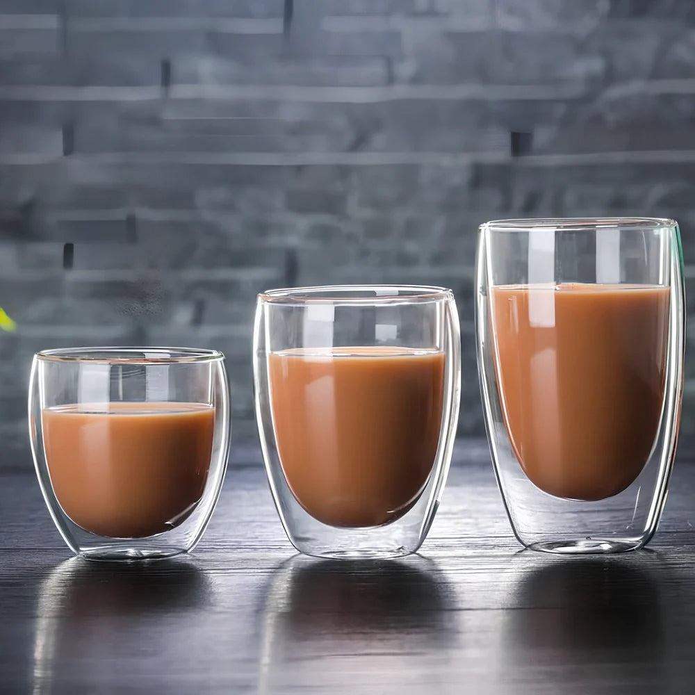 Clear double-layer glass coffee cup with Chinese-style design showing insulating air gap between walls