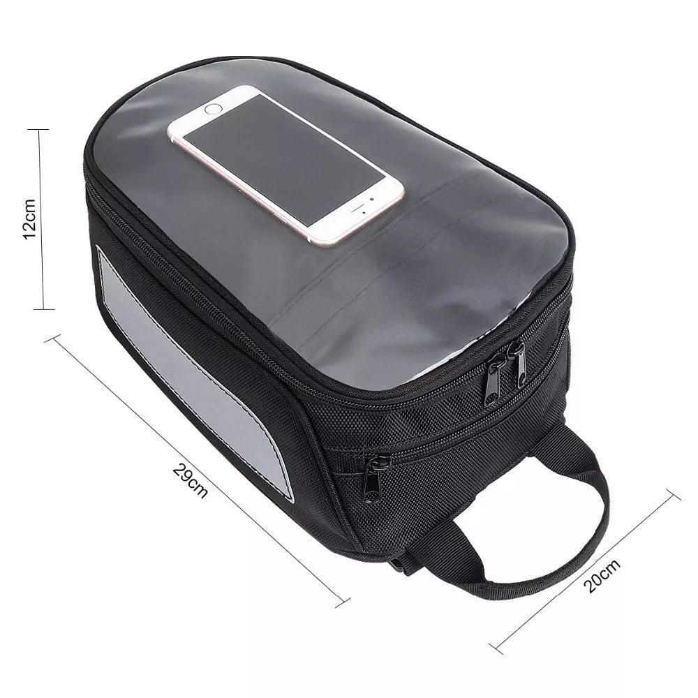 Black waterproof magnetic motorcycle fuel tank bag with reflective safety features