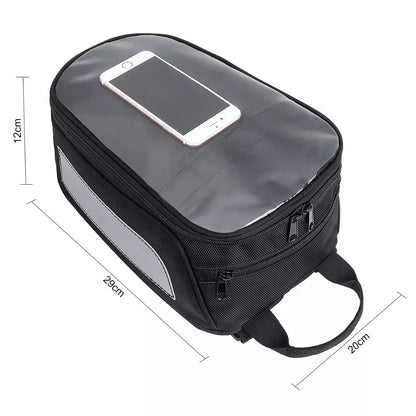 Black waterproof magnetic motorcycle fuel tank bag with reflective safety features