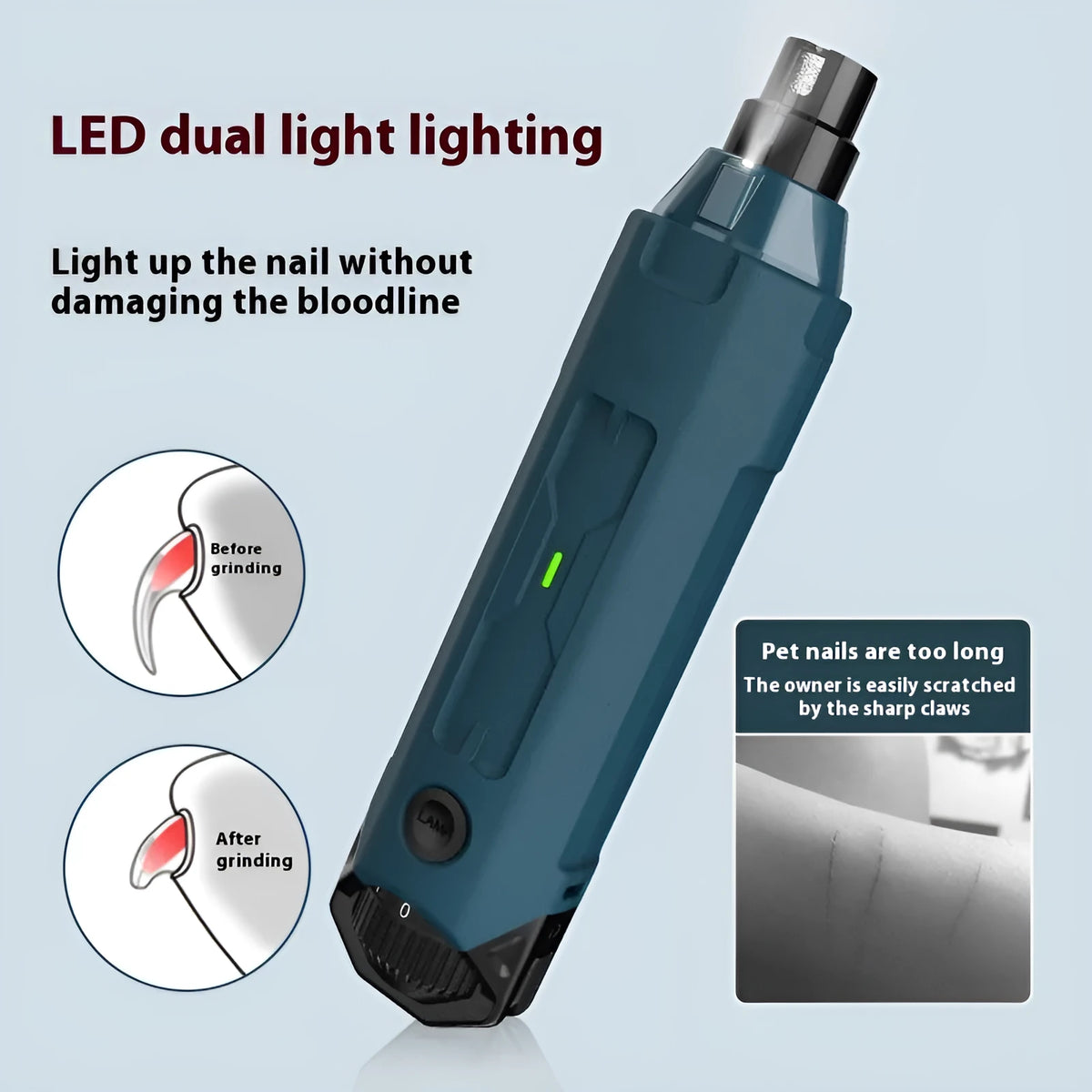 Dark blue pet nail grooming device with LED light and rotary speed control knob