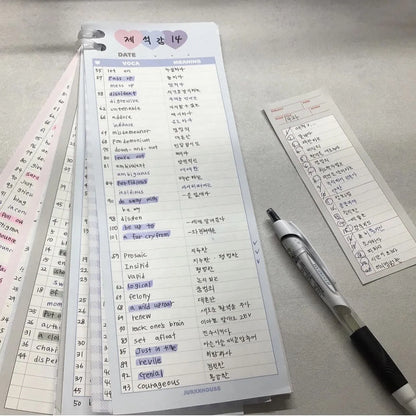 Vertical double-sided learning notepad showing 30 sheets in B5 half size (9.1x25.7cm) for English words practice