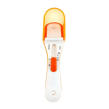 Orange and blue digital measuring spoon set showing measurement units and ergonomic handle.