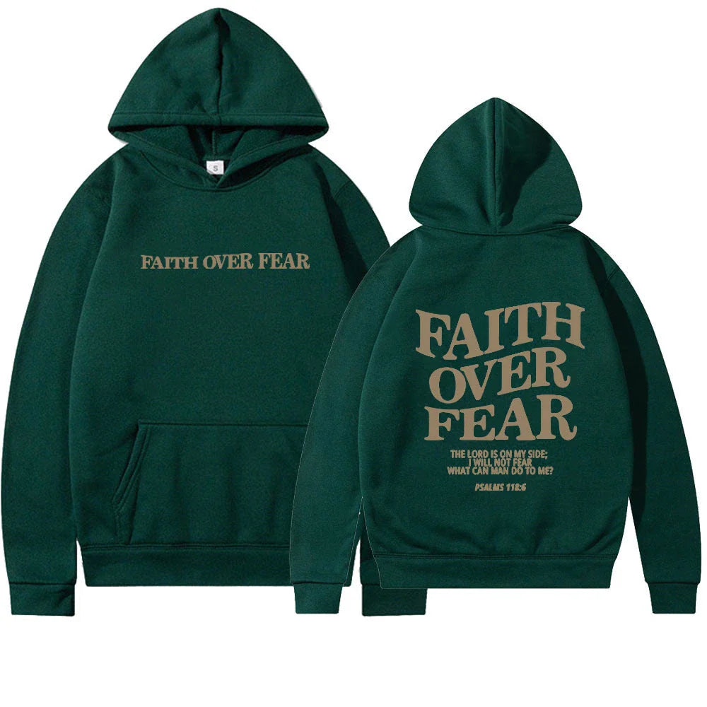 A stylish Christian hoodie with inspirational graphics and a message of faith over fear