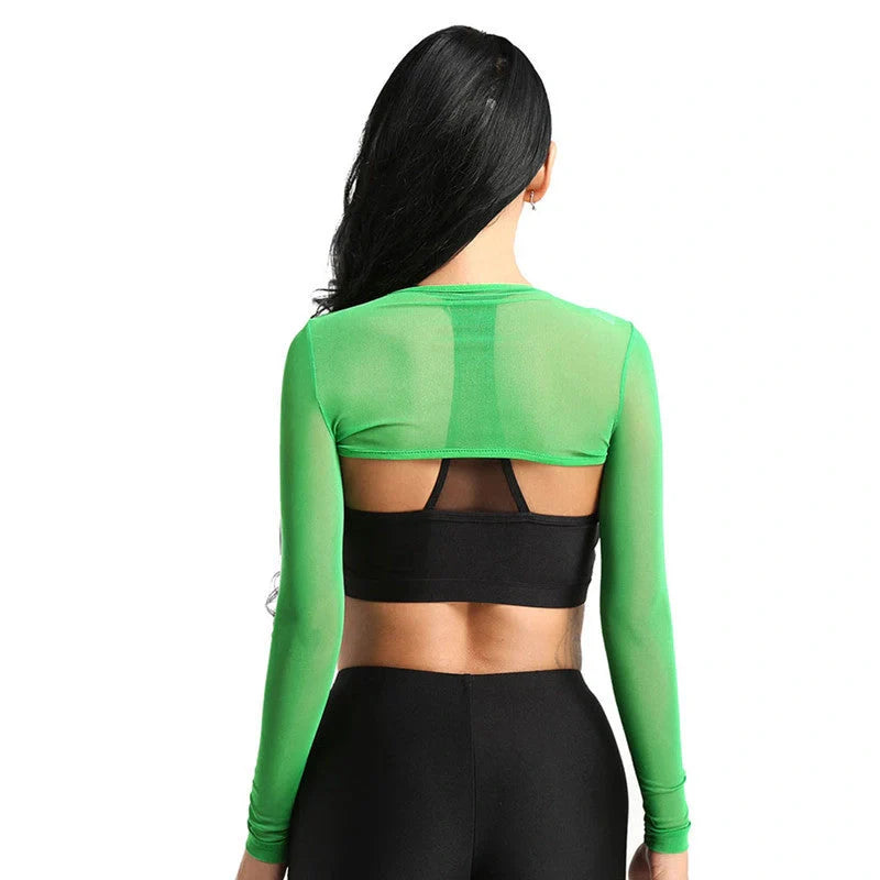 Women's transparent mesh crop top with long sleeves and front button closure