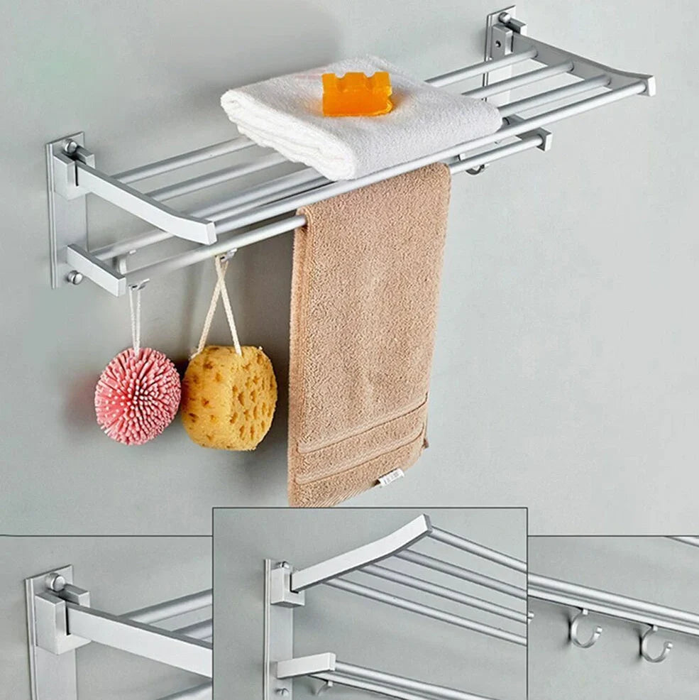 Silver aluminium 2-layer wall-mounted towel rack, 49cm length, for bathroom storage
