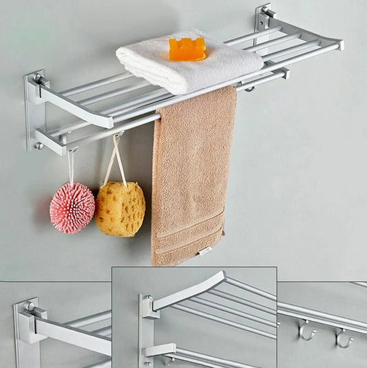 Silver aluminium 2-layer wall-mounted towel rack, 49cm length, for bathroom storage