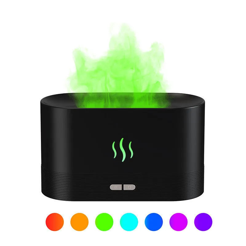 Square black aroma diffuser with flame light effect and mist output, 75x75x137mm